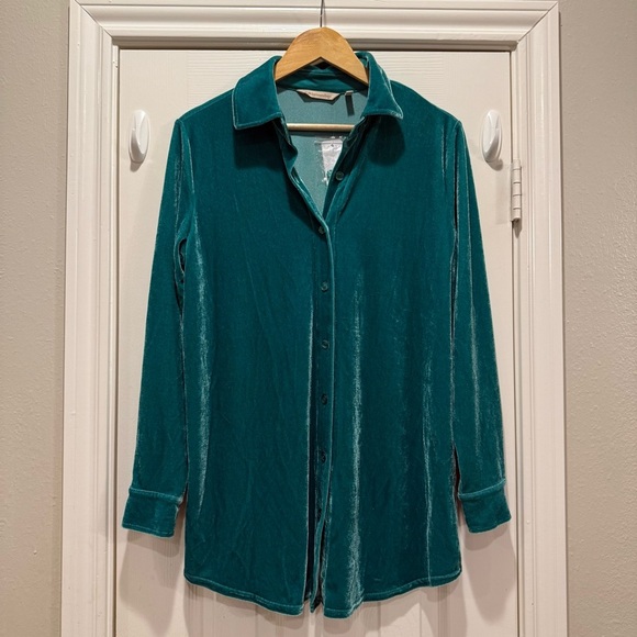 NWT Soft Surroundings Velvet Boyfriend Tunic Top Women’s S Button Up Green Boho - Picture 3 of 11